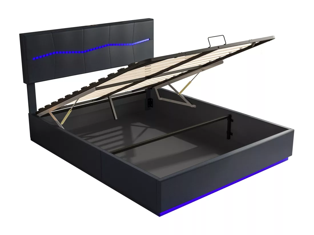 Lit coffre 140 x 200 cm avec éclairage LED et charge USB - hydraulique - Lit 2 Personnes - PU - Noir