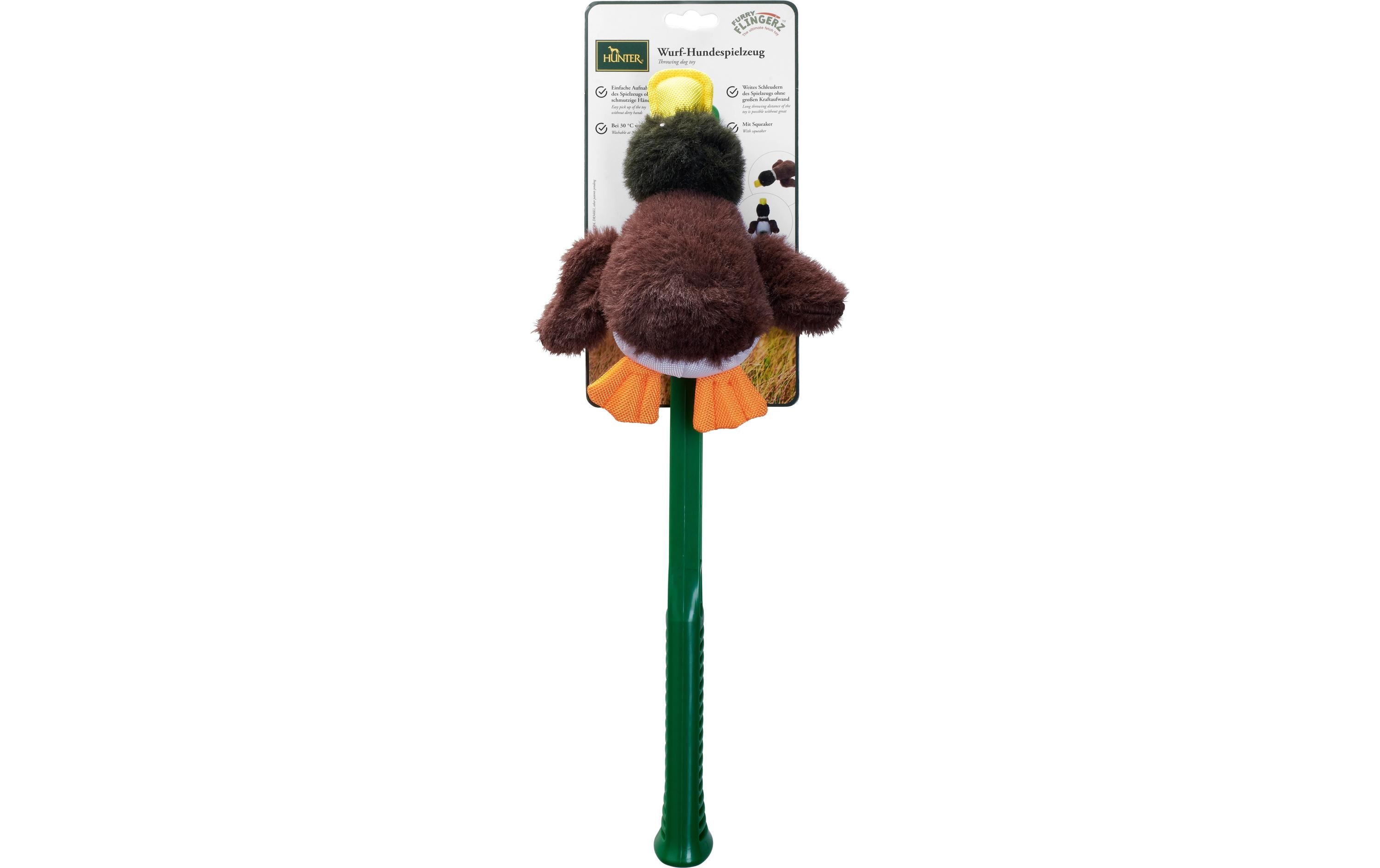 Hunde-Spielzeug Flingerz Furry Ente, Braun/GrünWurf-Hundespielzeug