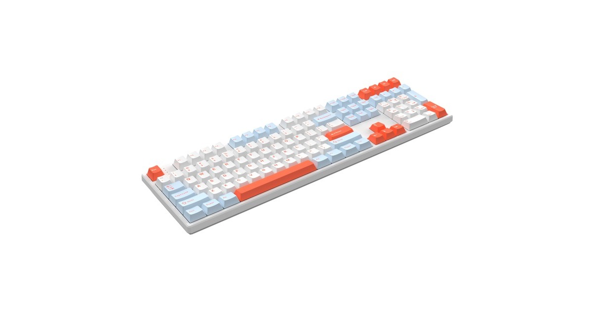 HelloGanssHS108T White Feather, toetsenbord  (Wit/lichtblauw, US lay-out, Gateron Yellow, RGB leds, PBT Doubleshot keycaps, hot swap, 2,4 GHz / Bluetooth / USB-C)