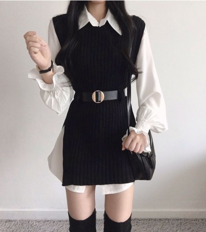 Leoom - Set: Pofmouw Lang Shirt + Trui Vest