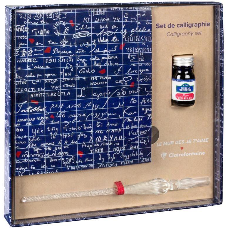 Le Mur des Je t'aime, Set de calligraphie 21x21 cm contenant une plume de verre, un flacon d'encre Rue de la Verrerie 10ml Jacques Herbin, un bloc de 60 feuilles de papier blanc 185g