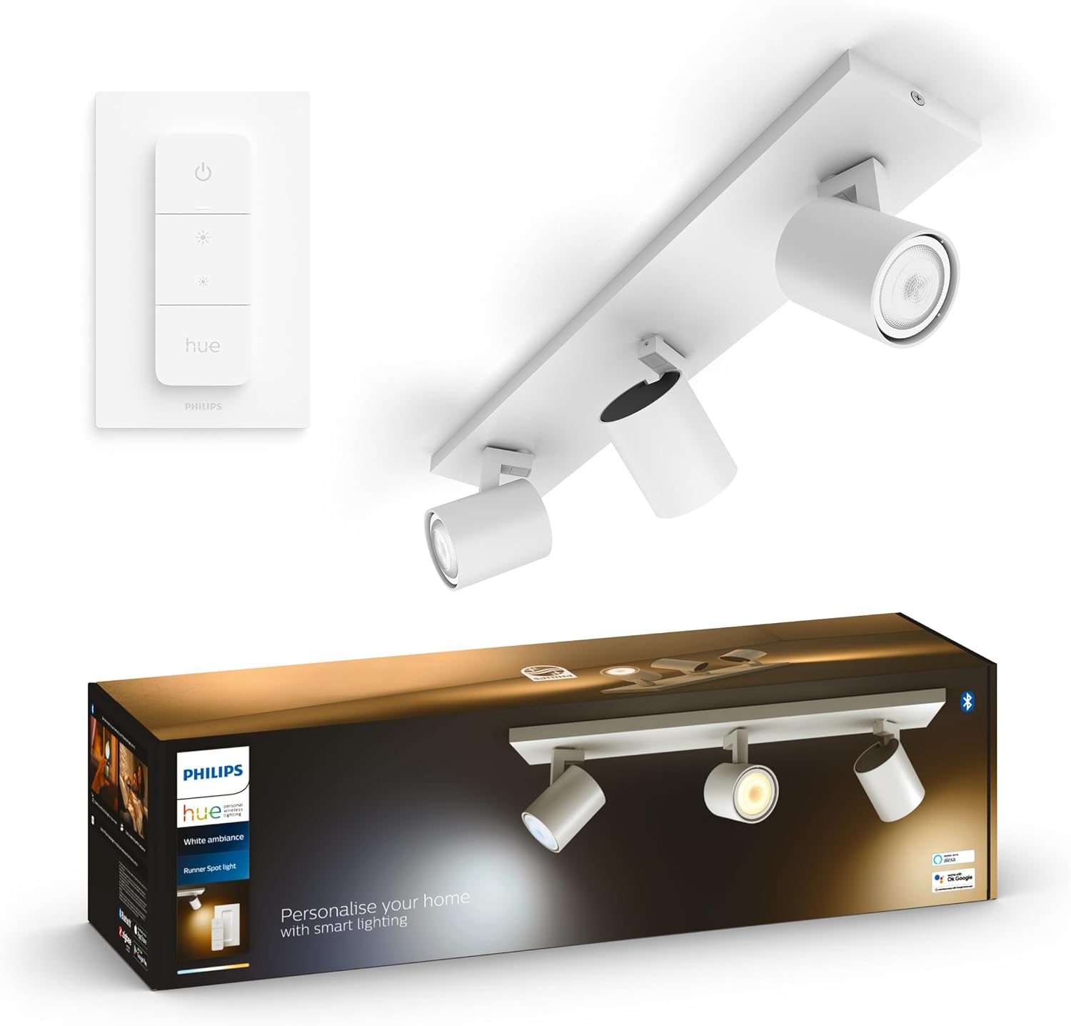 Philips Hue White Ambiance Runner 3er Spot weiß, inkl. 3 GU10 LED Lampen, dimmbar, warm- bis kühlweißes Licht, steuerbar via App, kompatibel mit Amazon Alexa (Echo, Echo Dot)