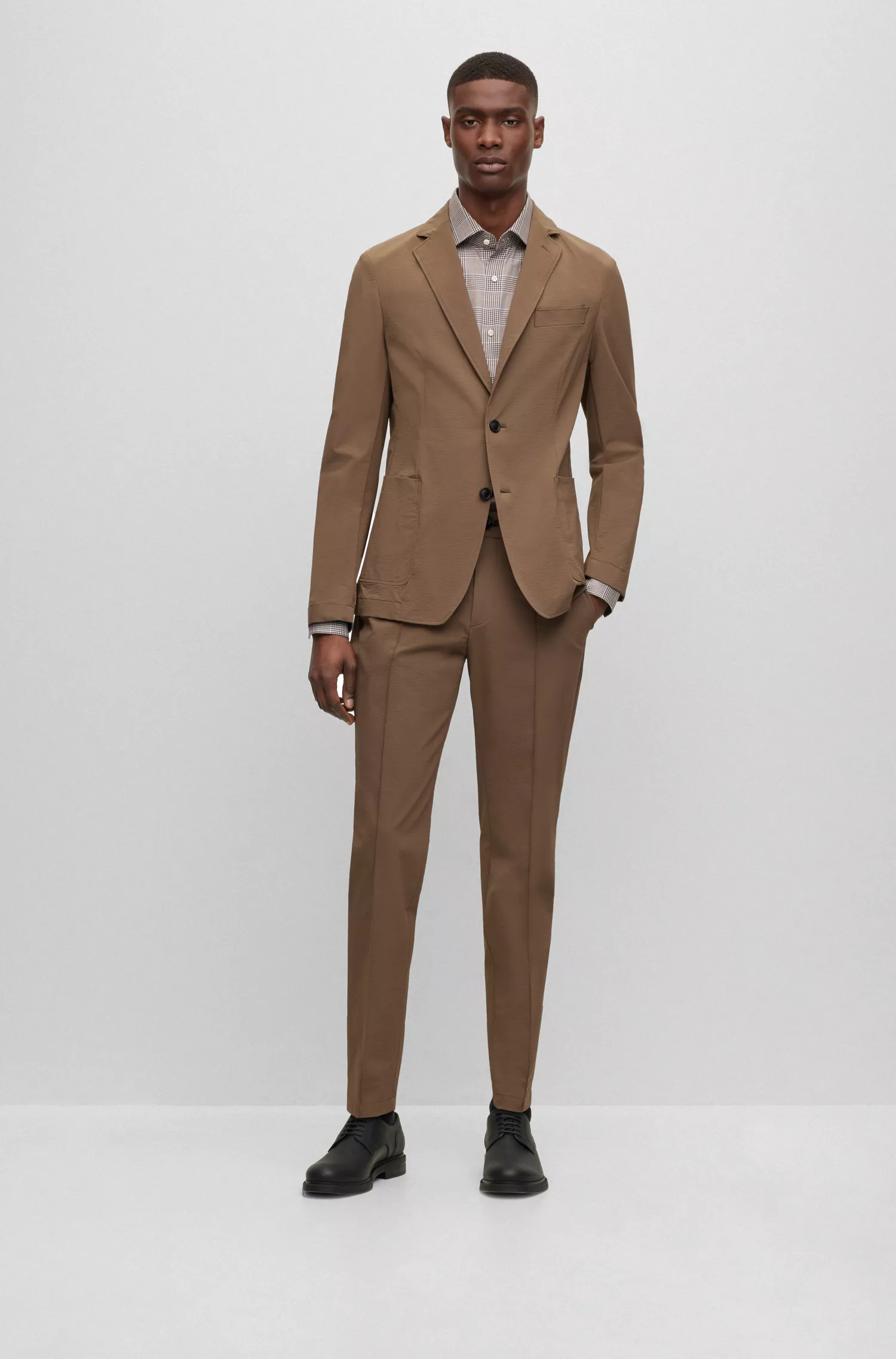 Camisa BOSS Camel Slim-Fit em algodão xadrez.