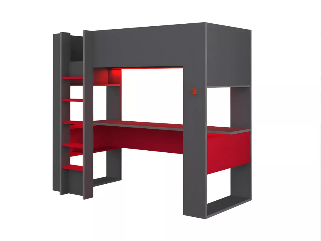 Lit mezzanine gamer NOAH avec bureau et rangements intégrés - 90 x 200 cm - Avec LEDs - Anthracite et rouge