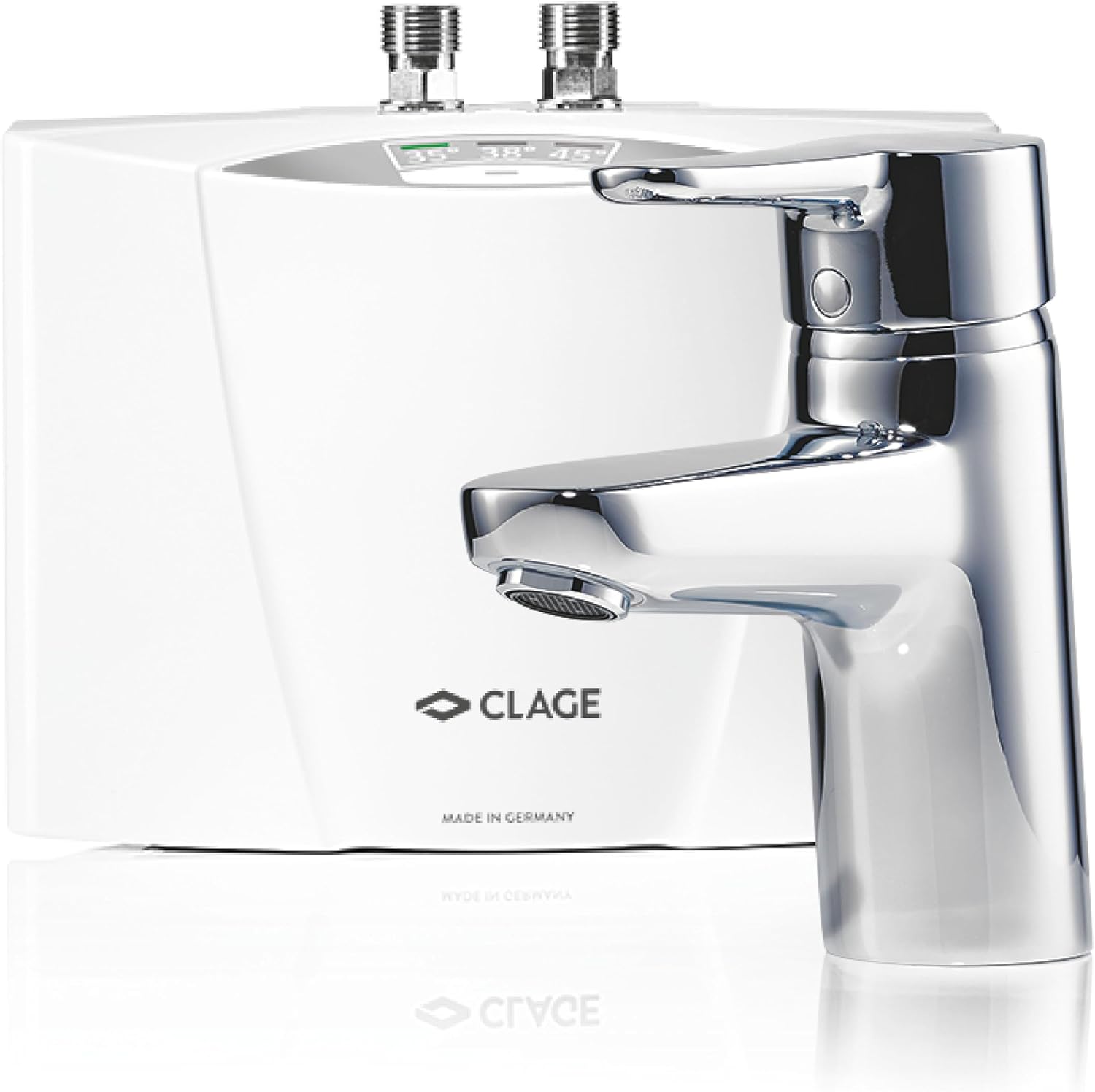CLAGE MCX Blue elektronischer Klein-Durchlauferhitzer Set mit moderner Armatur fürs Handwaschbecken, energiesparend, 3,5 kW mit Stecker, druckfest + drucklos, VDE-GS geprüft, 1500-15133