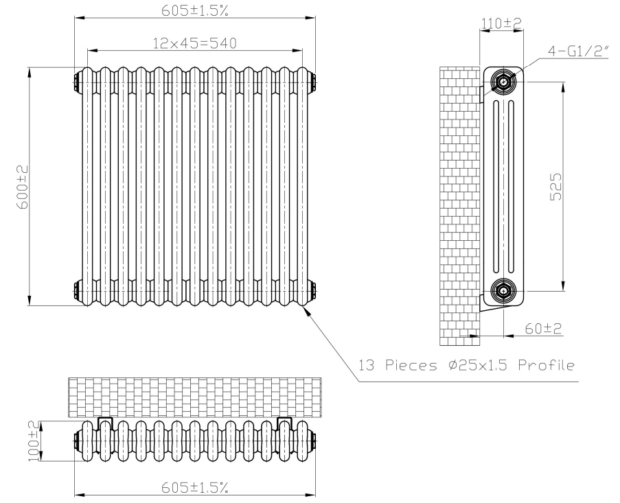 Eastbrook Imperia 3 koloms radiator 60x60cm 1081W metaal