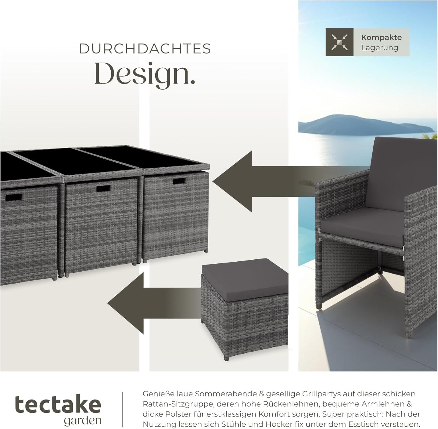 tectake Polyrattan Gartenmöbel Set, Sitzgruppe mit 6 Stühle +1 Glasplatte Tisch + 4 Hocker, Gartenlounge Set klappbar, für bis zu 10 Personen, Balkon Möbel, inkl. 2 Bezugsset - grau