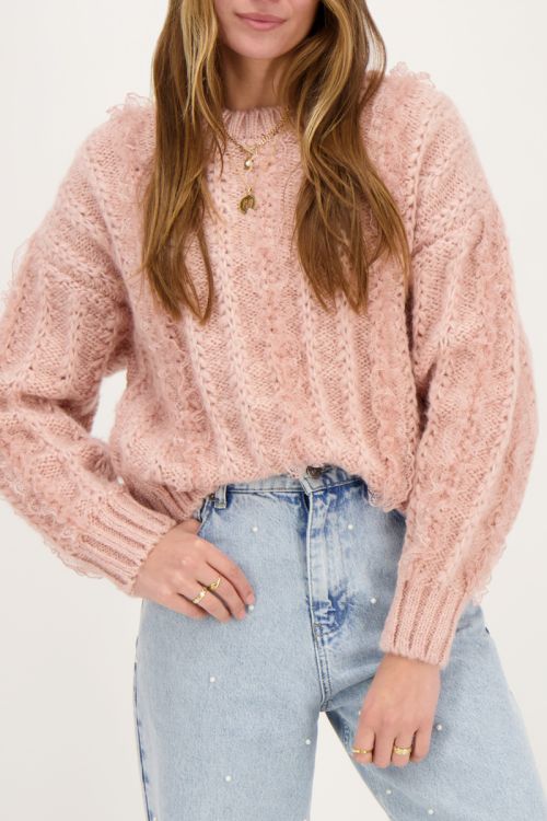 Roze kabeltrui met kant