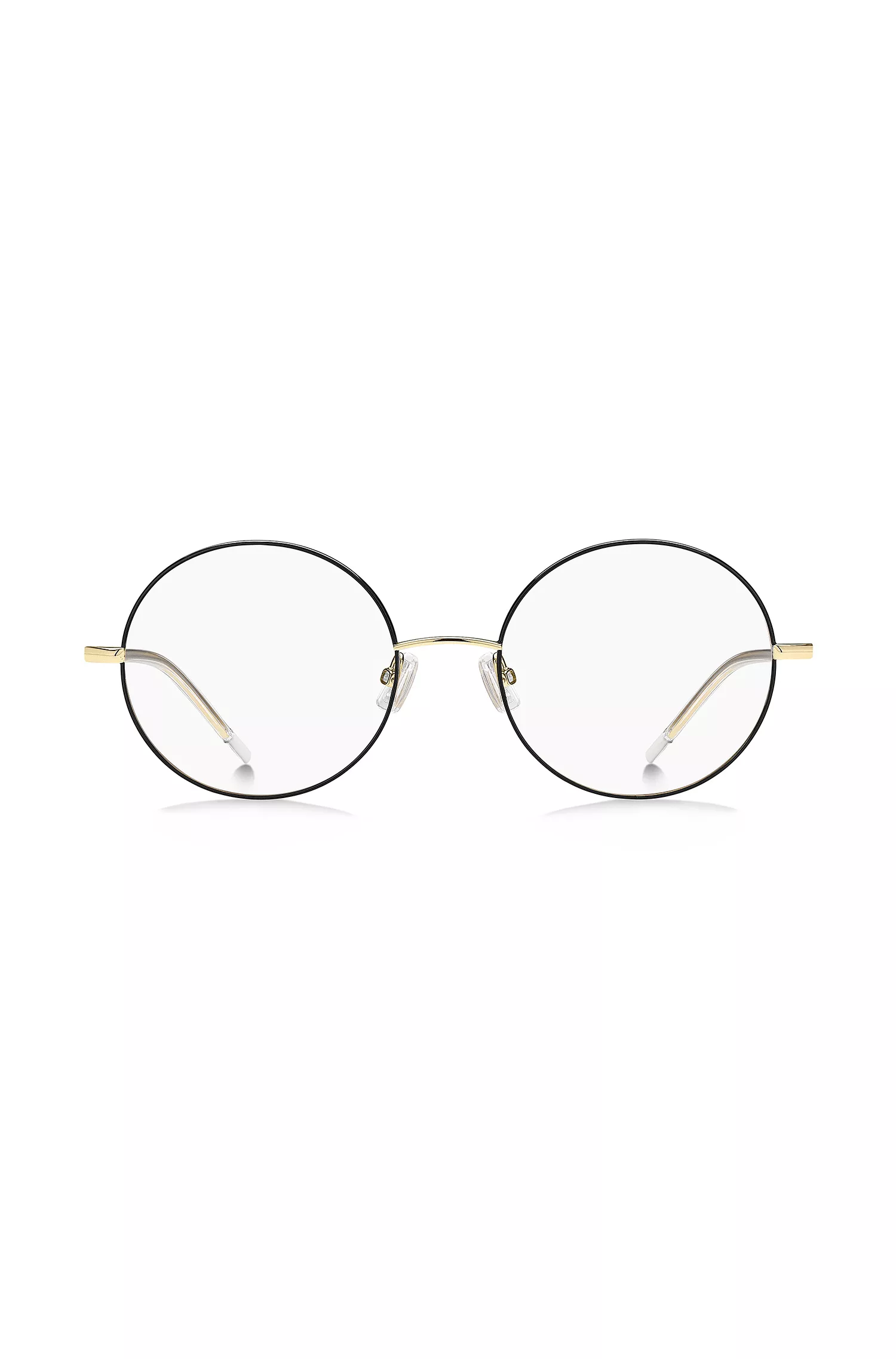 Armação óptica BOSS Black-Round em titânio leve com detalhes exclusivos.