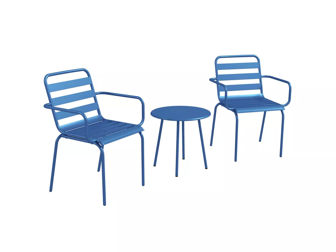 Salon de jardin bistro - table basse ronde Ø 60 cm 2 chaises empilables - acier thermolaqué bleu