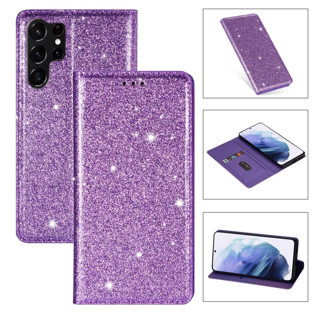 Samsung Galaxy S25 Ultra Flip Wallet Cover Leder Tasche Glitzer Optik - Lila