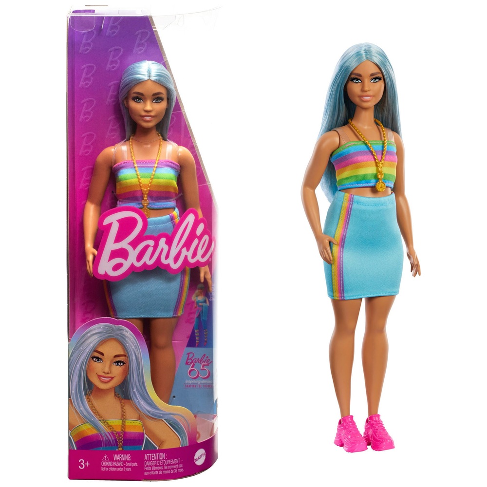 Barbie Fashionista Puppe 218 mit blauen Haaren und Regenbogenoberteil