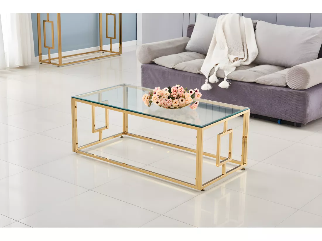 Table basse plateau en verre transparent pieds gold 120 cm - sophie