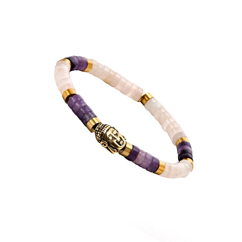 Bracelet Perles Heishi Pierres Naturelles Améthyste Et Quartz Rose Bouddha Doré Acier-XS-14cm