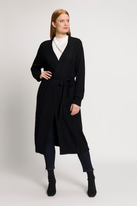 Long-Strickjacke, Zopfmuster, offene A-Linie, Schalkragen