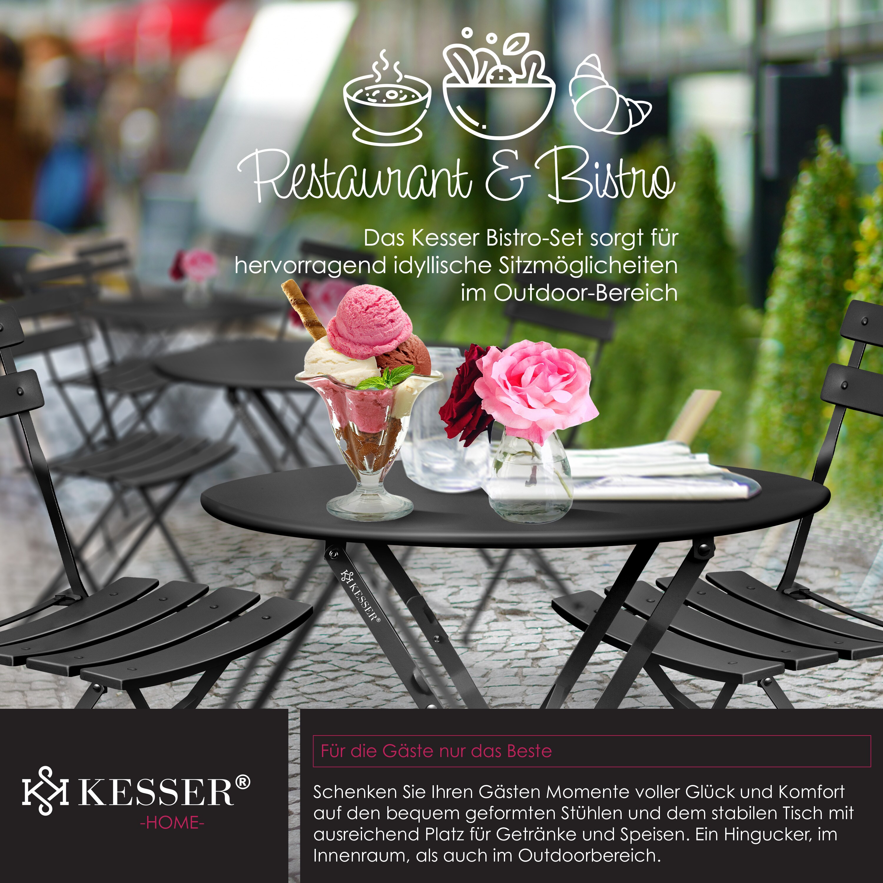 KESSER® Bistroset 3-teilig Bistrotisch mit 2 klappbaren Stühle Set Balkonset Balkonmöbel Klapp-Möbel Gartenset Sitzgarnitur Gartengarnitur Gartenmöbel Sitzgruppe Metall Bistro Gartentisch inkl. Abdeckung