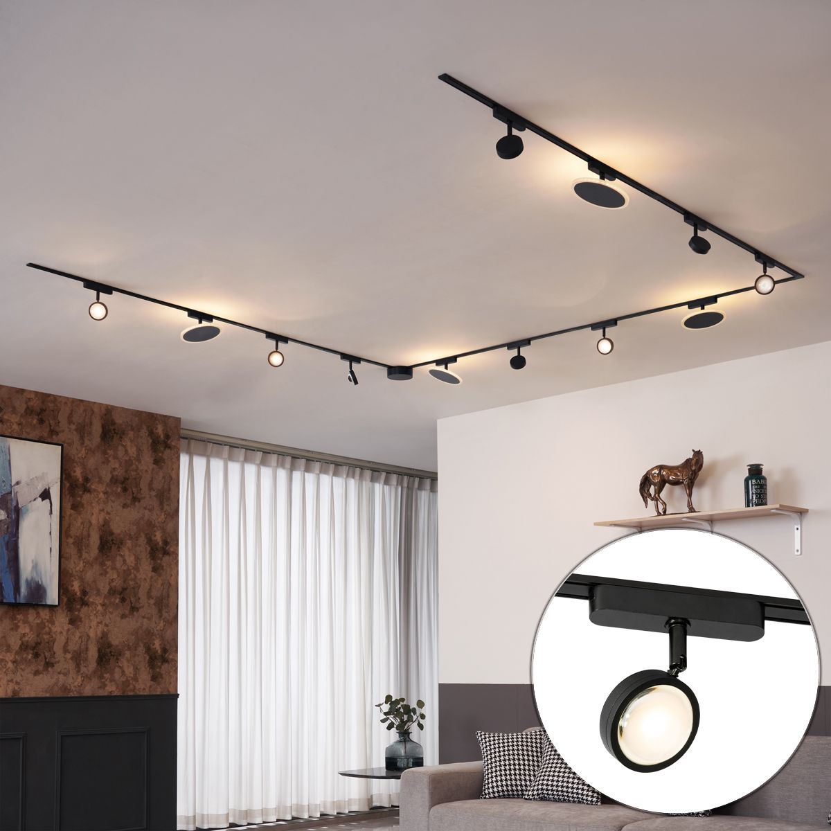 Railsysteem met 8 spots en 4 plafondlampen zwart 1-fase - Magnetic Lance Puk