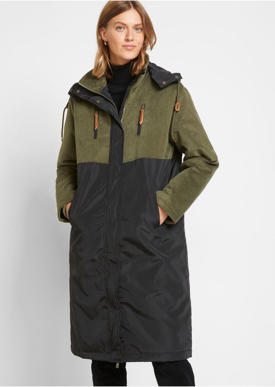 Parka longue à capuche en mélange de matières, coupe droite