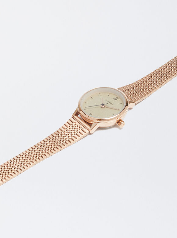 Relógio em aço com pulseira de malha metálica - Ouro rosa