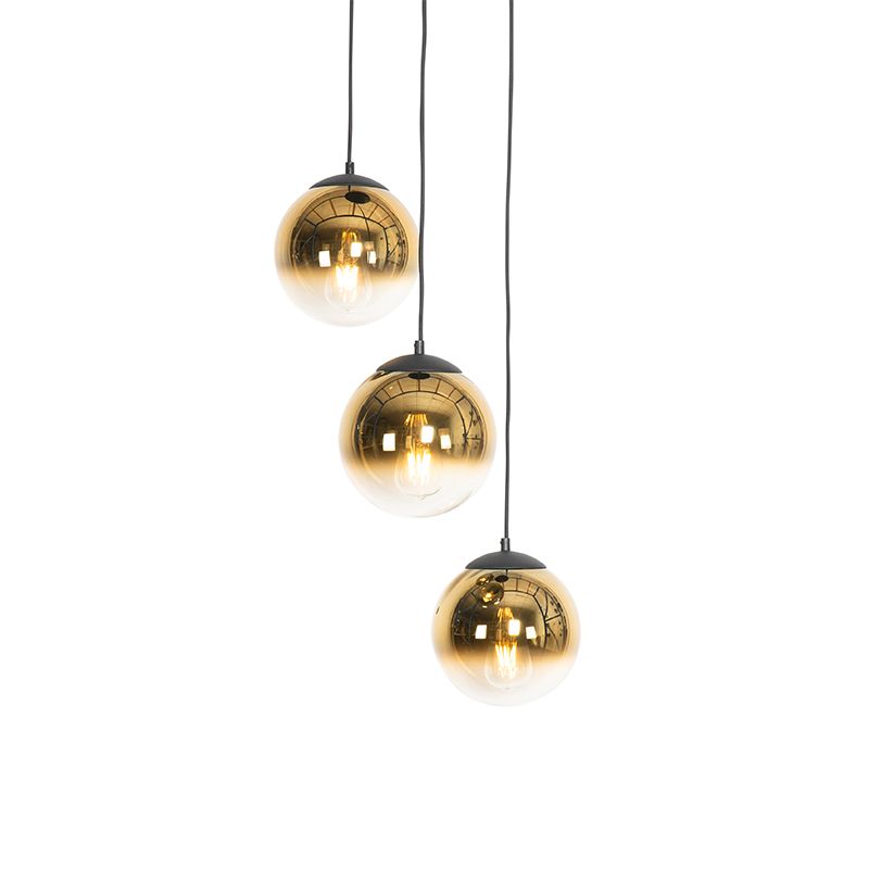 Art deco hanglamp zwart met goud glas rond 3-lichts - pallon