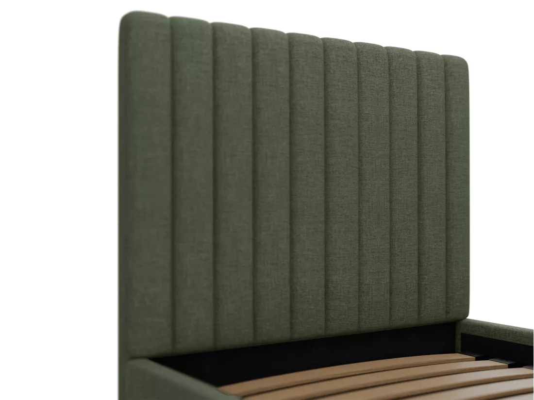 Lit coffre 90 x 190 cm avec tête de lit coutures verticales - Tissu - Kaki - SARAH