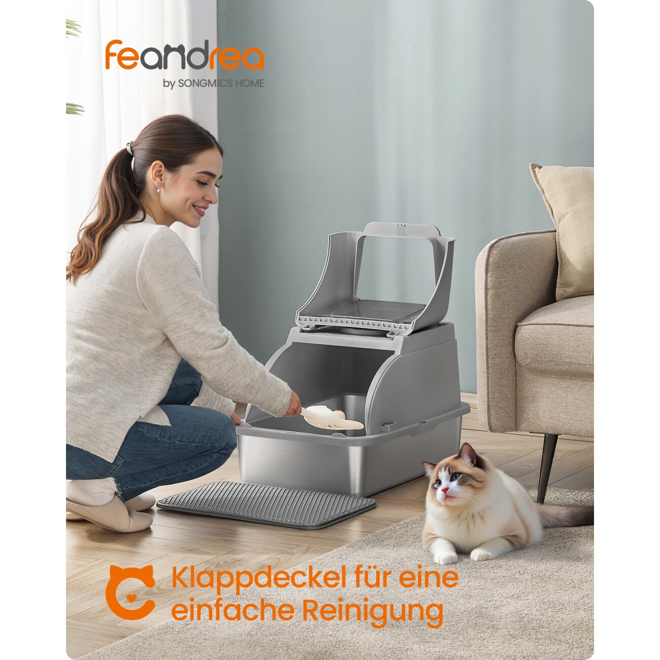 FEANDREA Edelstahl Katzentoilette XL mit Deckel 2 Eingängen grau