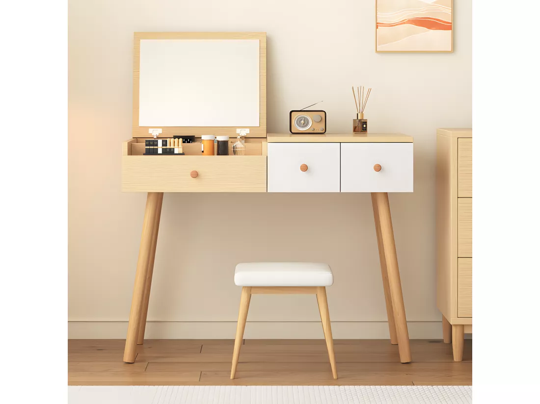 Coiffeuse avec miroir de rangement, 3 tiroirs, multiples compartiments de rangement, grande capacité de rangement - Naturel (tabouret non inclus)