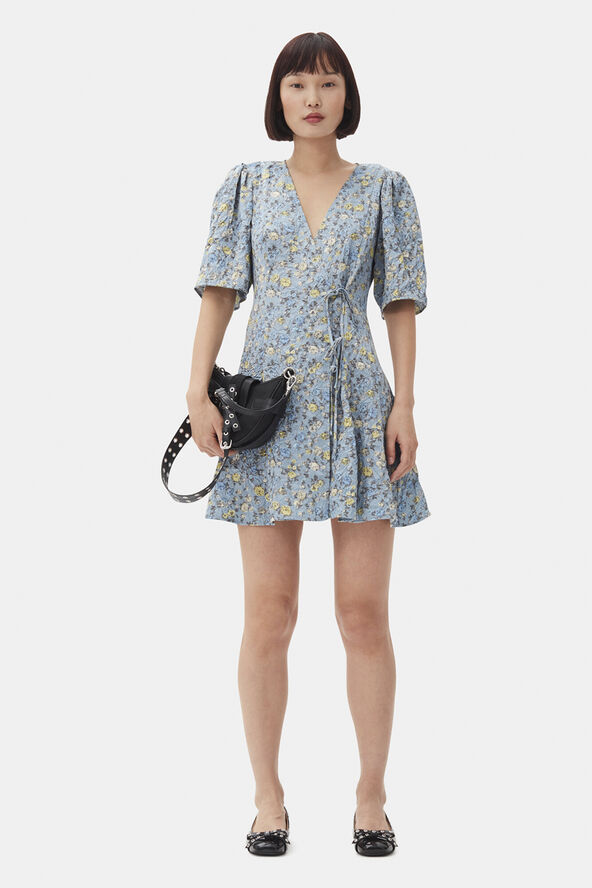 Ganni Crinkled Satin Mini Wrap Dress Dusty blue