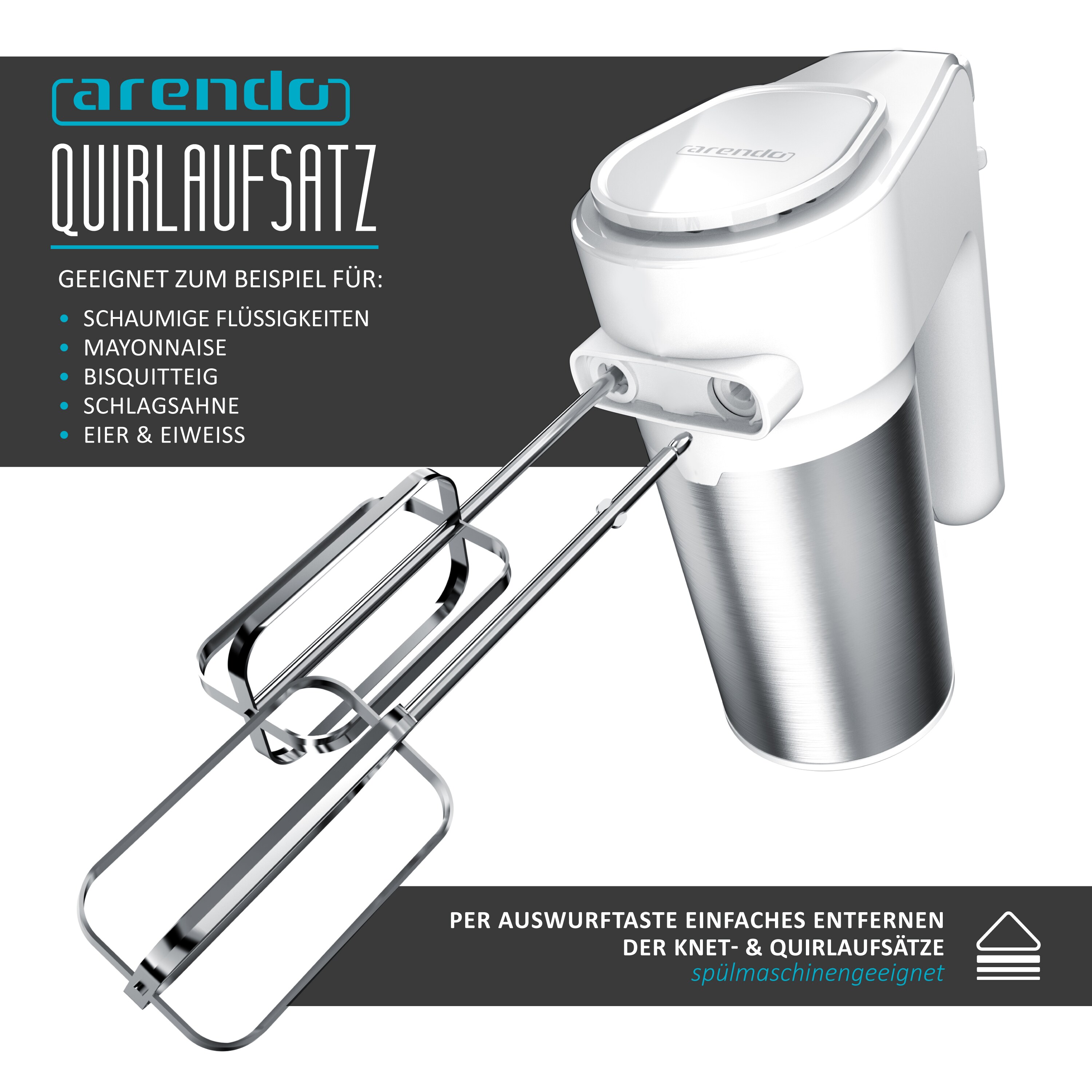 Arendo Elektrischer Handmixer inkl. 2 x Quirle und 2 x Knethaken aus Edelstahl