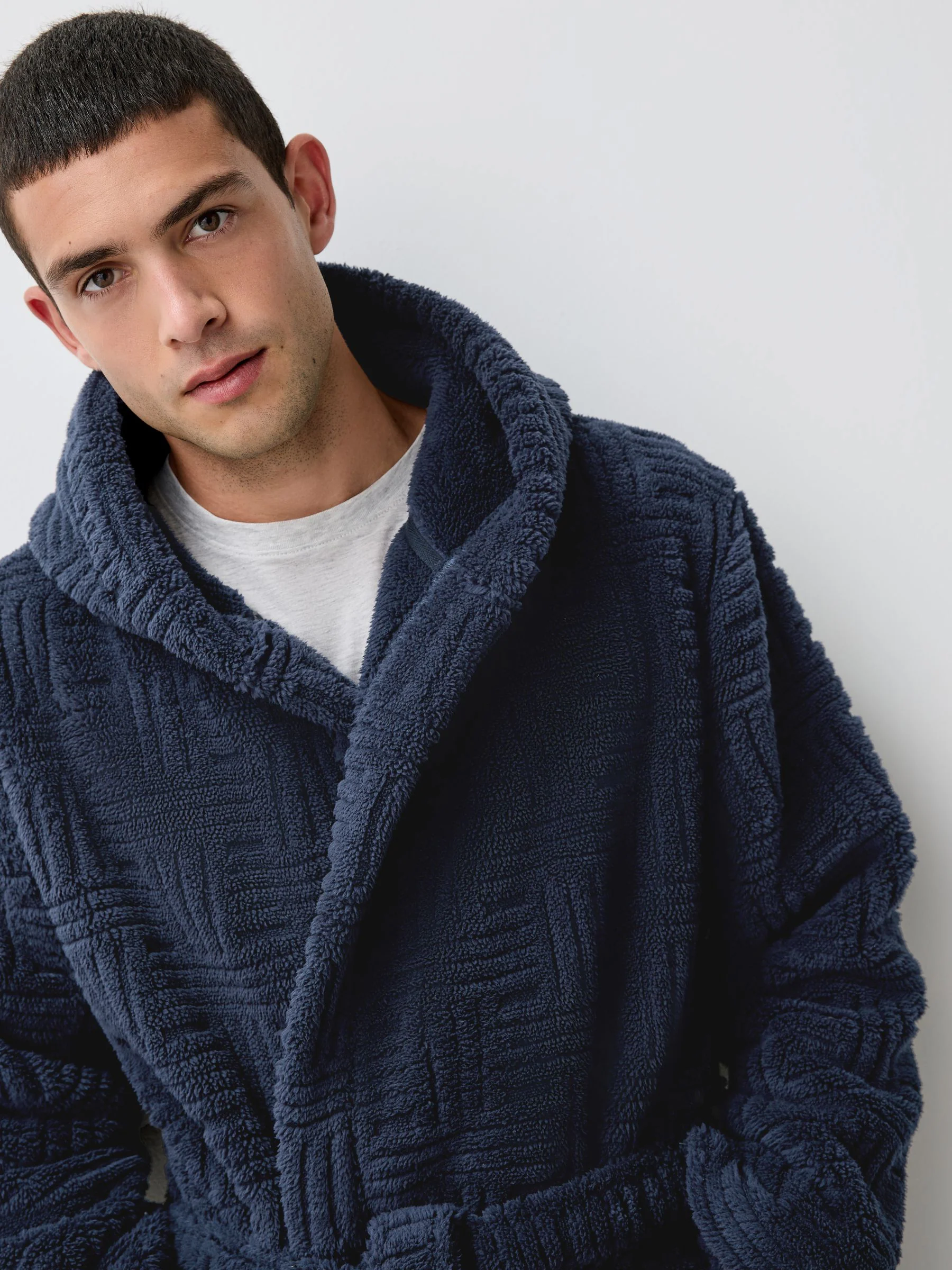 Donkerblauw - Patterned Cut Borg Dressing Gown