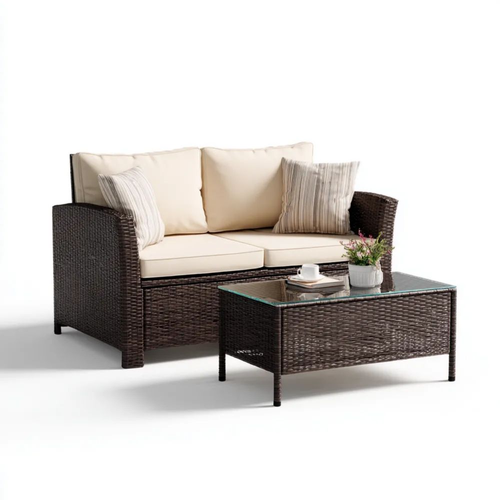 Garten-Sofaset Rattan 128x70x75 cm – Dunkelbraun/Beige – Modernes Design