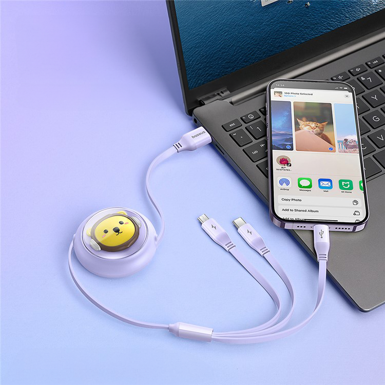 (1.1m) 3.5A 3in1 USB A auf USB C / Lightning / Micro USB Ladekabel Ausziehbares Datenkabel Löwe Design - Lila