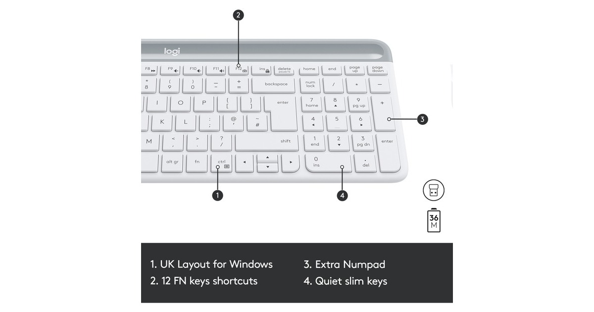 LogitechMK470 Slim Wireless Keyboard and Mouse Combo , desktopset  (Wit, US-International, Scissor switches, 1000 dpi)