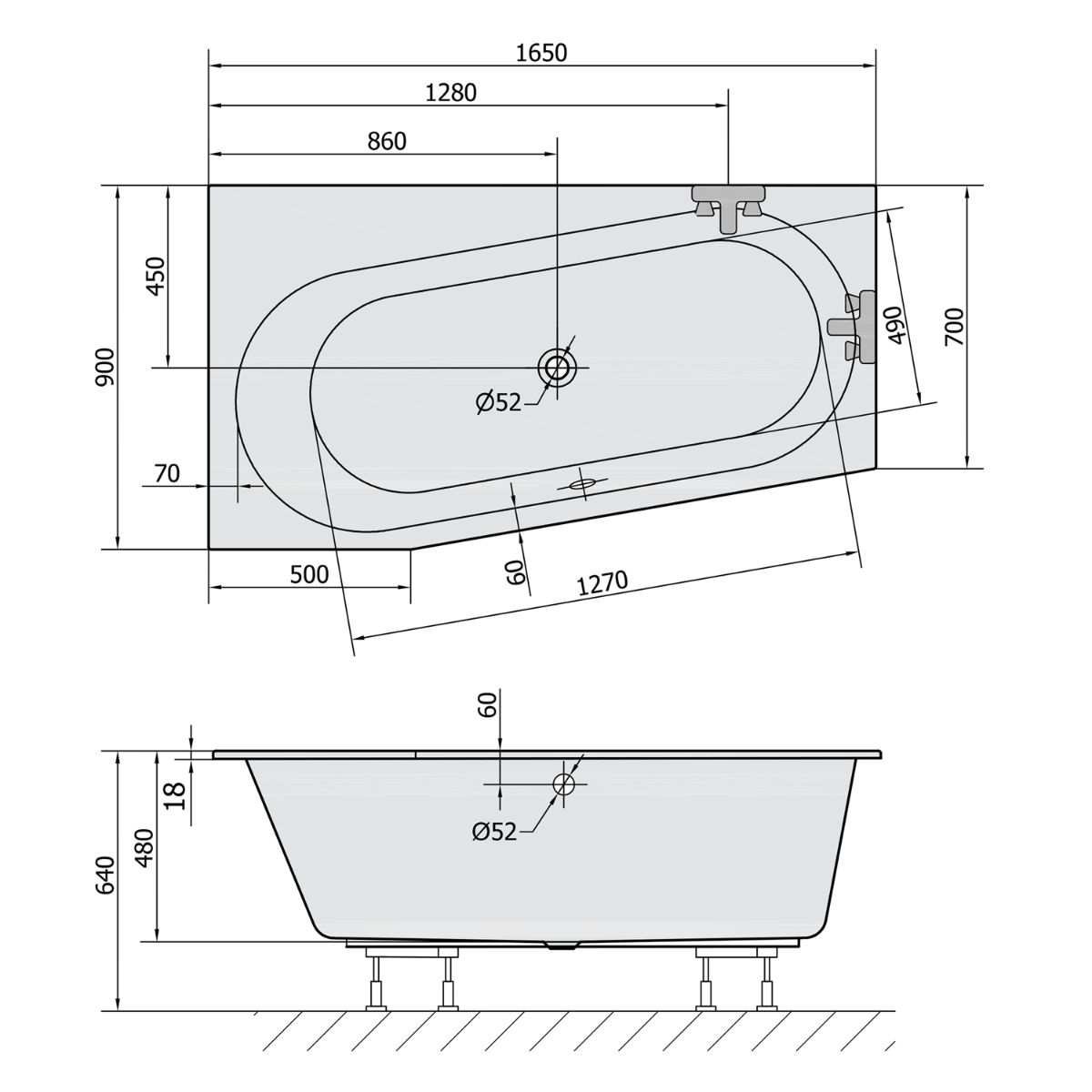Polysan Astra Slim asymmetrisch bad links schuin 165x80x48cm wit