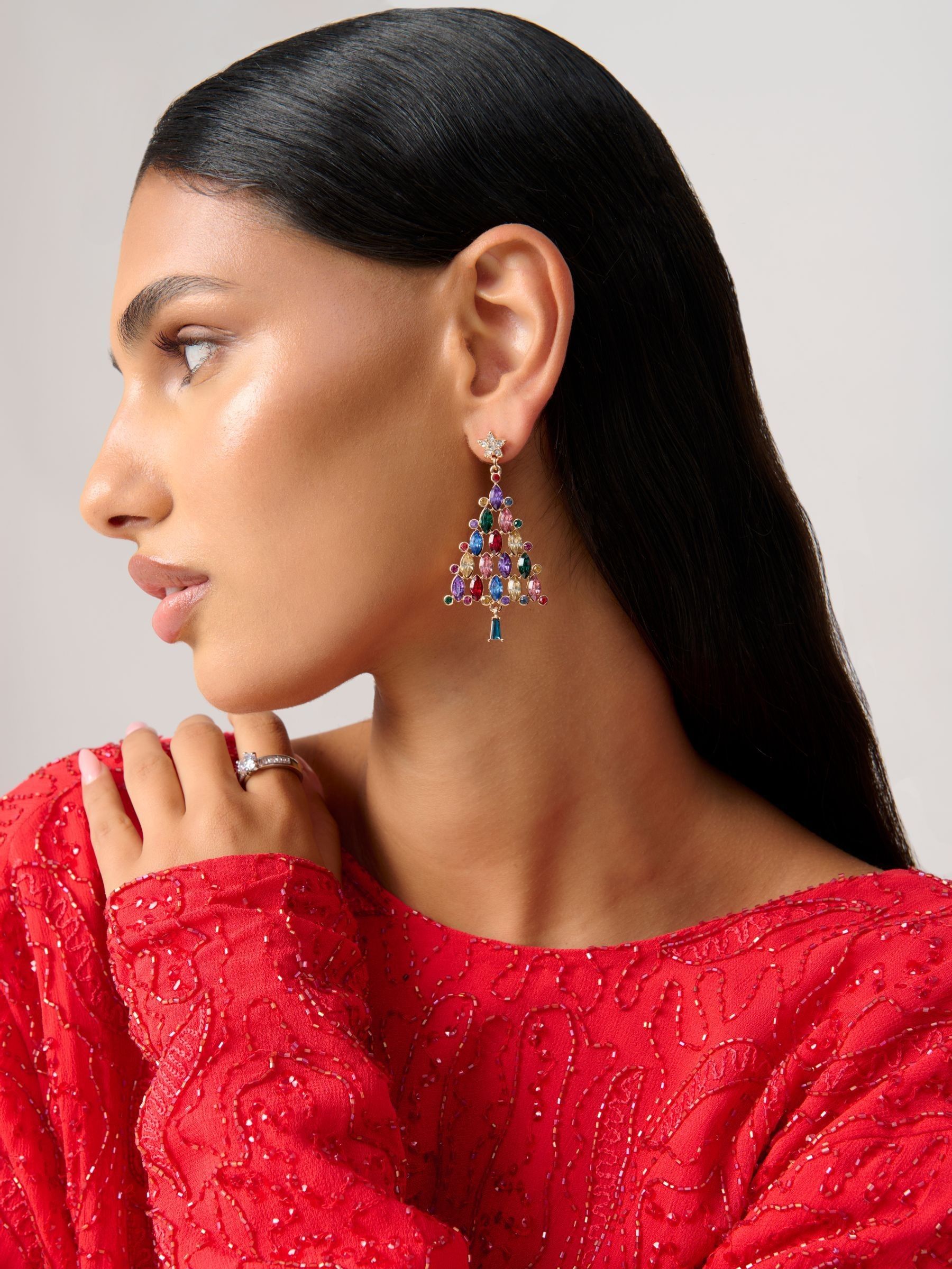Aela Gold Tone Christmas Tree Multicolour Drop Earrings