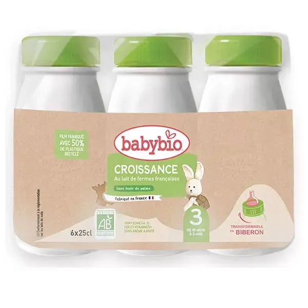 Leite líquido orgânico Babybio para bebês - 3ª etapa - 6 x 25cl