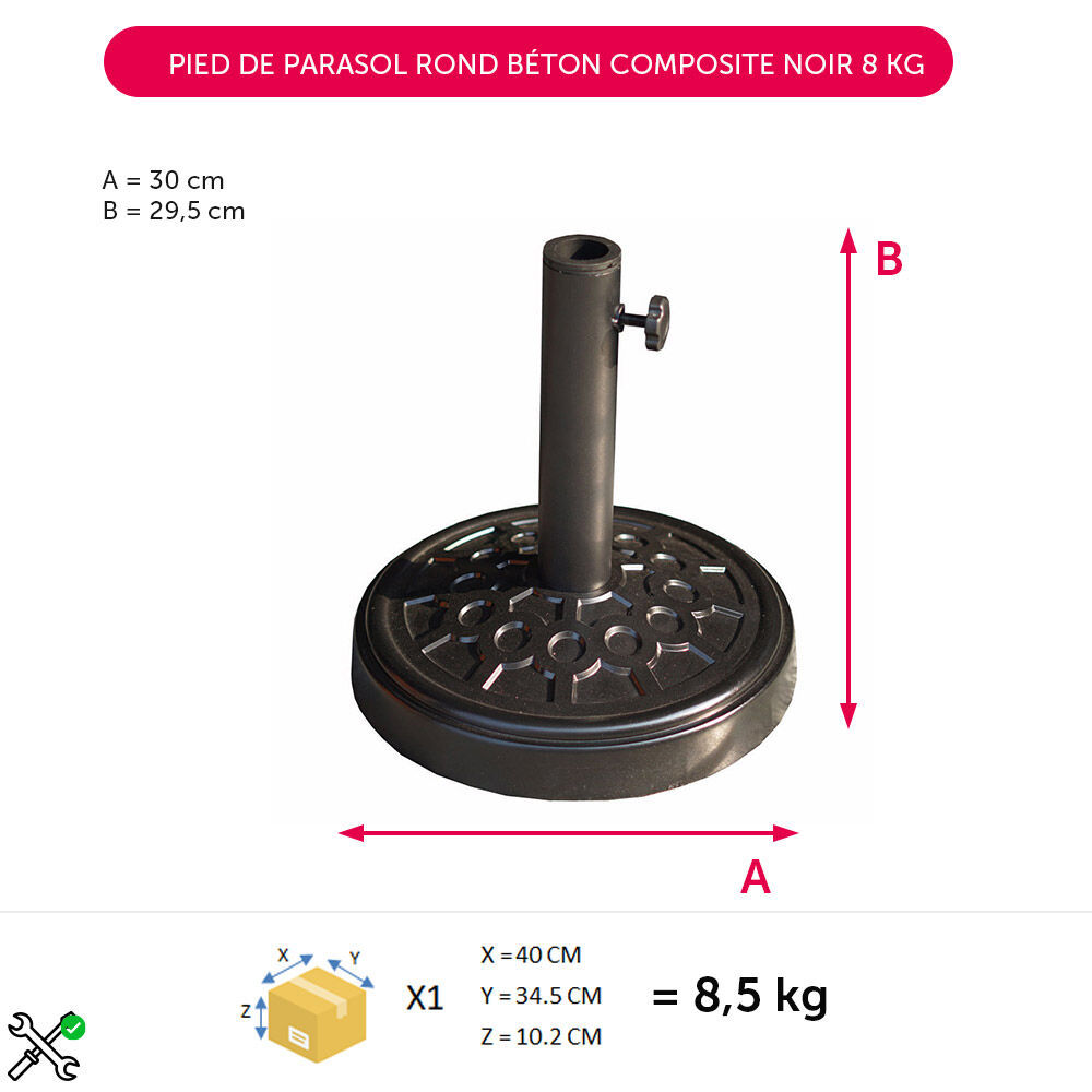 Pied de parasol rond béton composite noir 8 kg