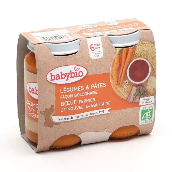 Papinhas Babybio de Legumes e Massa ao Estilo Bolonhesa com Carne Bovina de Criação Própria da Nova Aquitânia +6m Orgânicas 2 x 200g