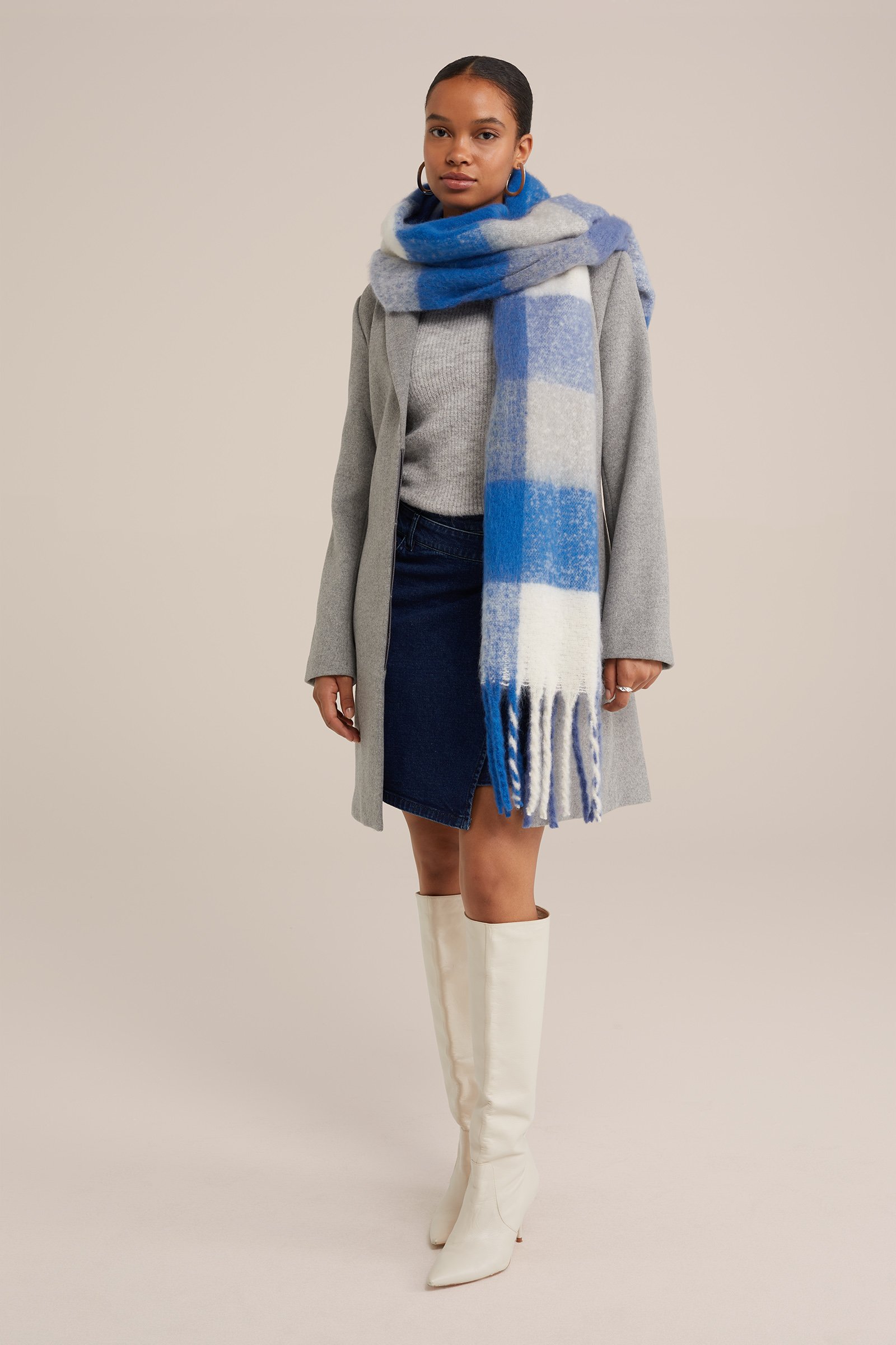fijngebreide sjaal met dessin WE Fashion Blauw