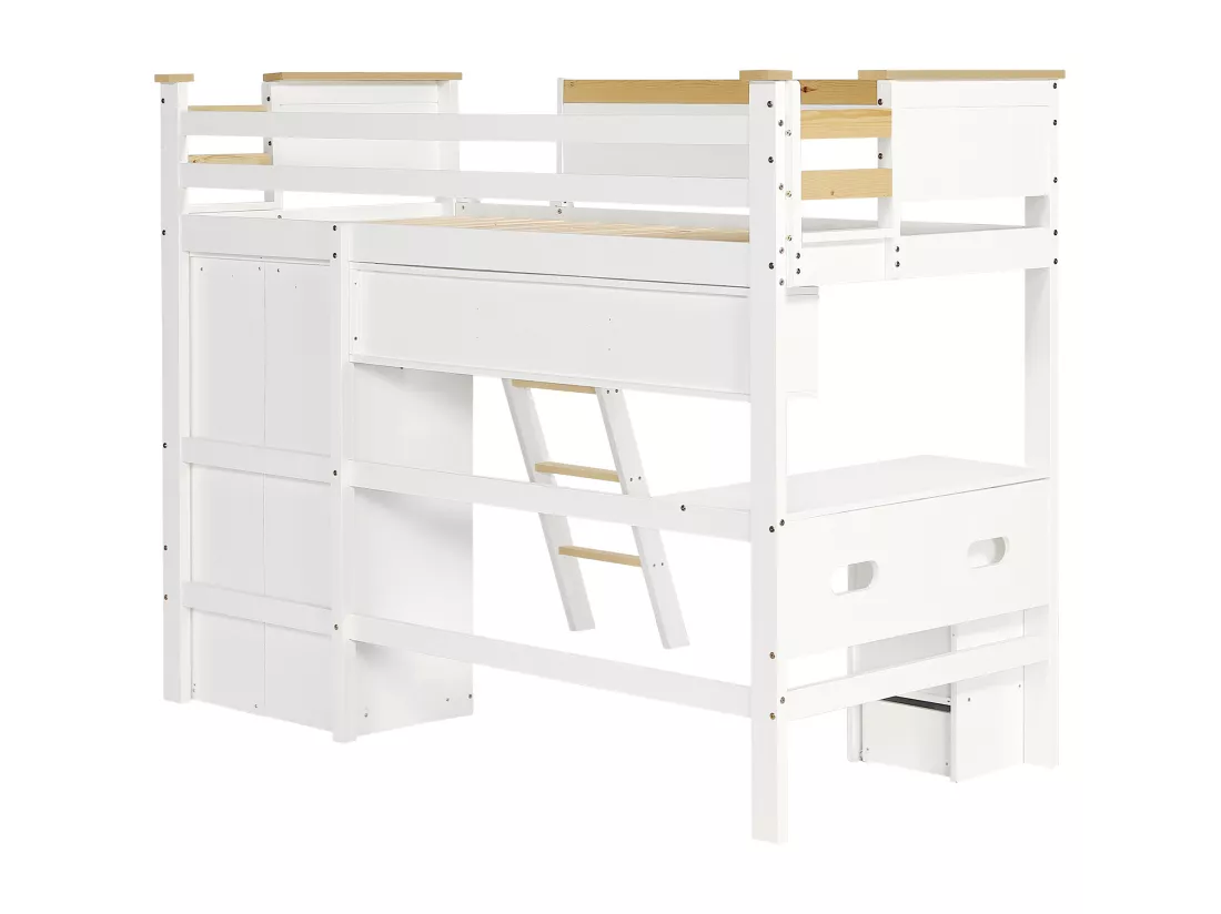 Lit superposé,Lit de maison,Lit d'enfant,avec barrière de sécurité,avec table et armoire,Étagère ouverte,Grand espace de rangement,Avec échelle à quatremarches,Pin+MDF+contreplaqué,Blanc+naturel,90x200cm,Sans matelas