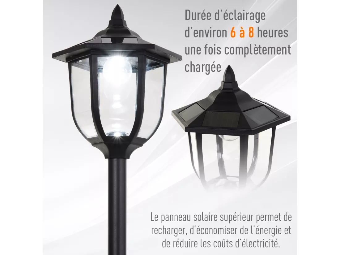 Outsunny Luminaire extérieur solaire lampadaire lanterne classique LED 60 Lm max. dim. 26L x 26l x 177H cm noir
