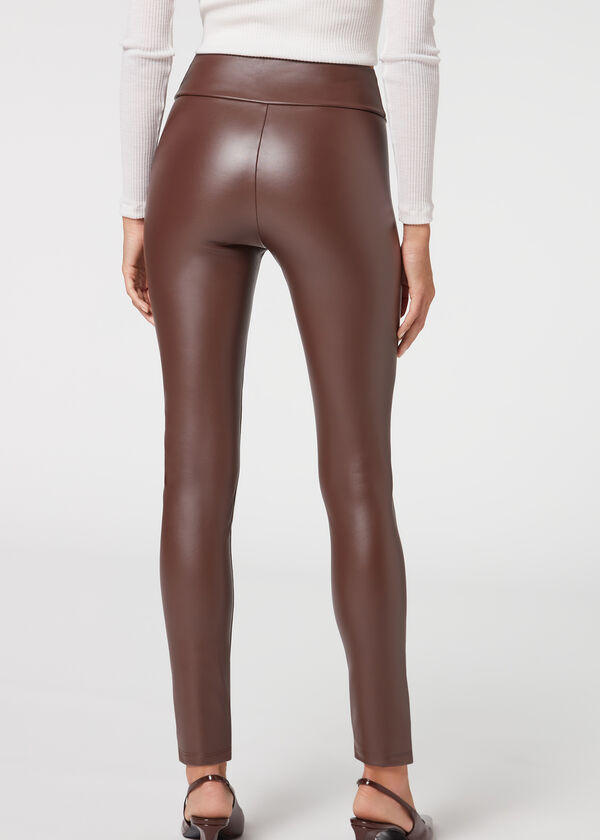 Calças legging com efeito de couro térmico