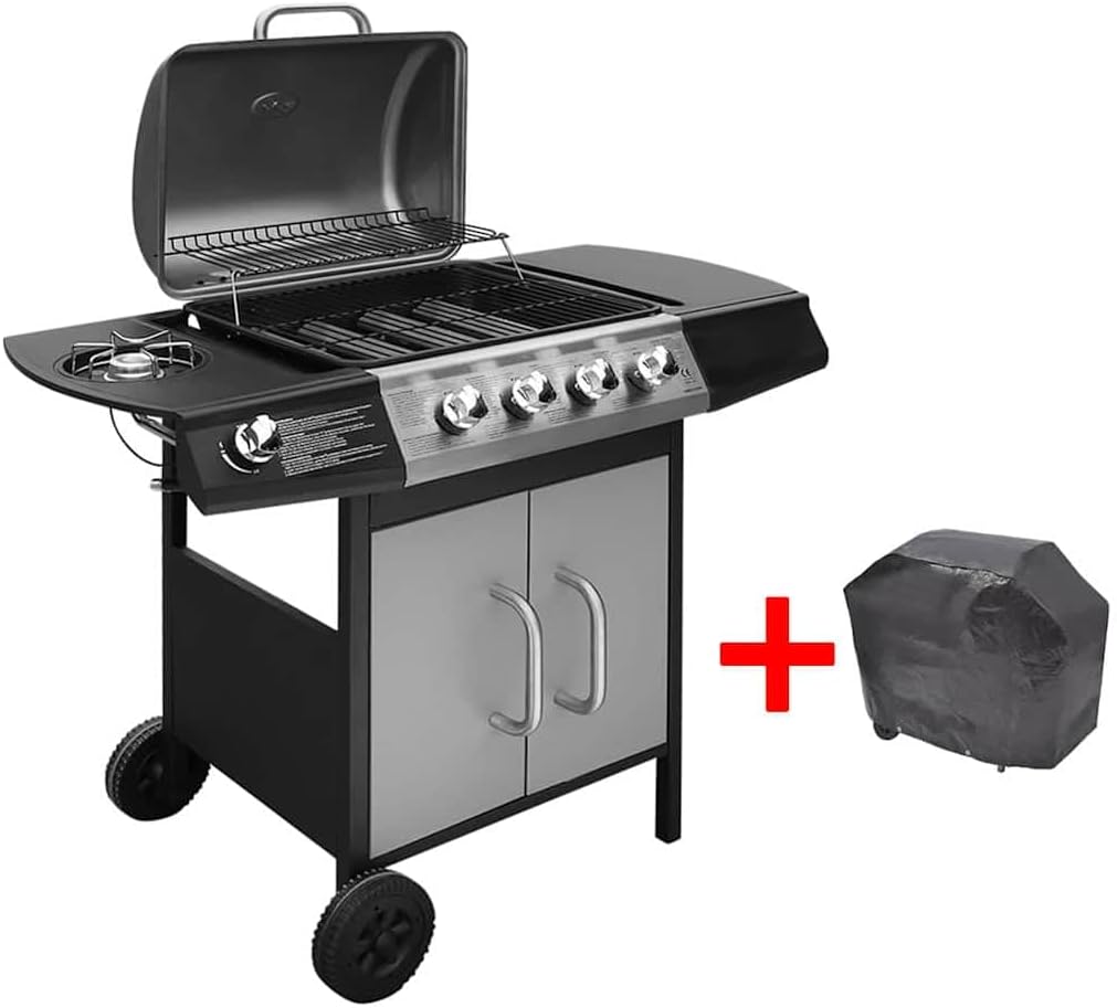 vidaXL Gasgrill mit 4 Brennern 1 Seitenbrenner BBQ Grill Standgrill Grillwagen Grillstation Gartengrill Wagengrill Barbecue Schwarz Silbern
