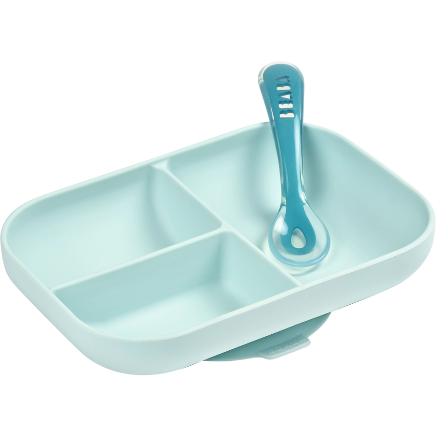 BEABA® Geteilter Silikonteller + Löffel 2. Altersstufe blau