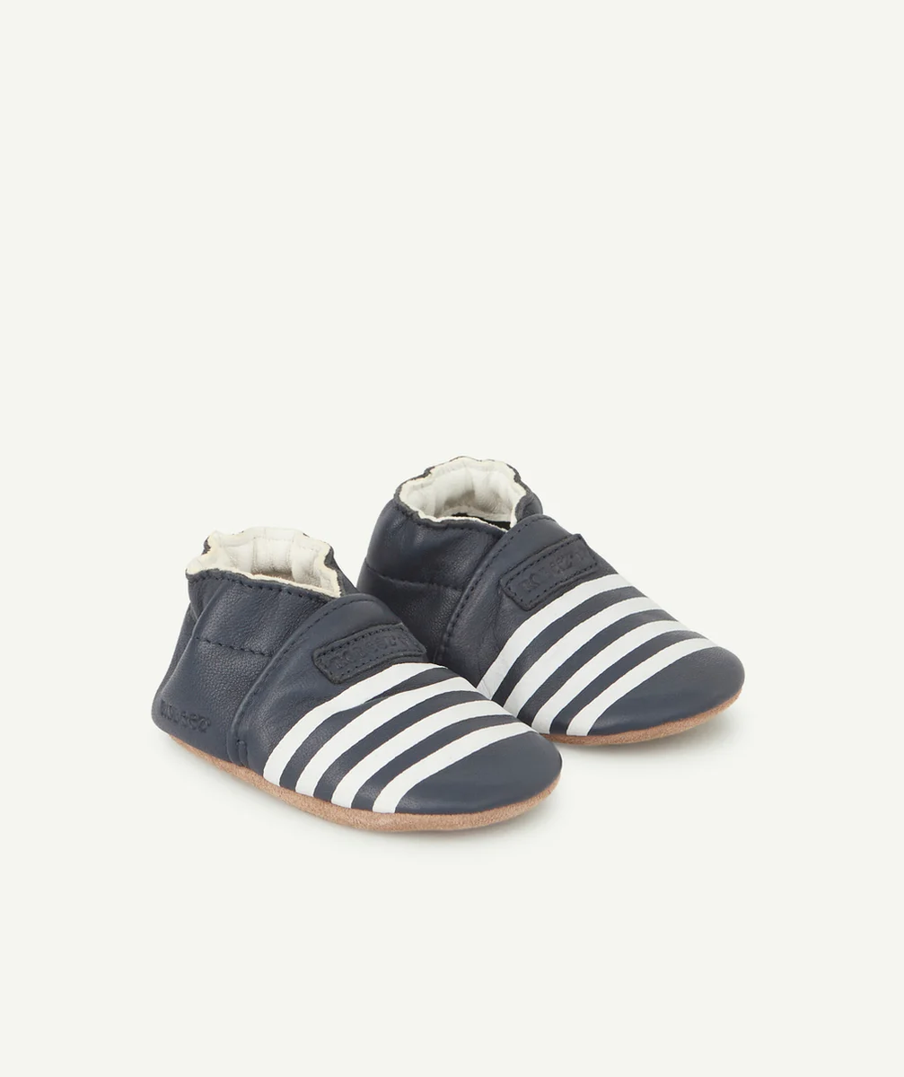 ROBEEZCHAUSSONS BÉBÉ BLEU MARINE EN CUIR AVEC RAYURES BLANCHES