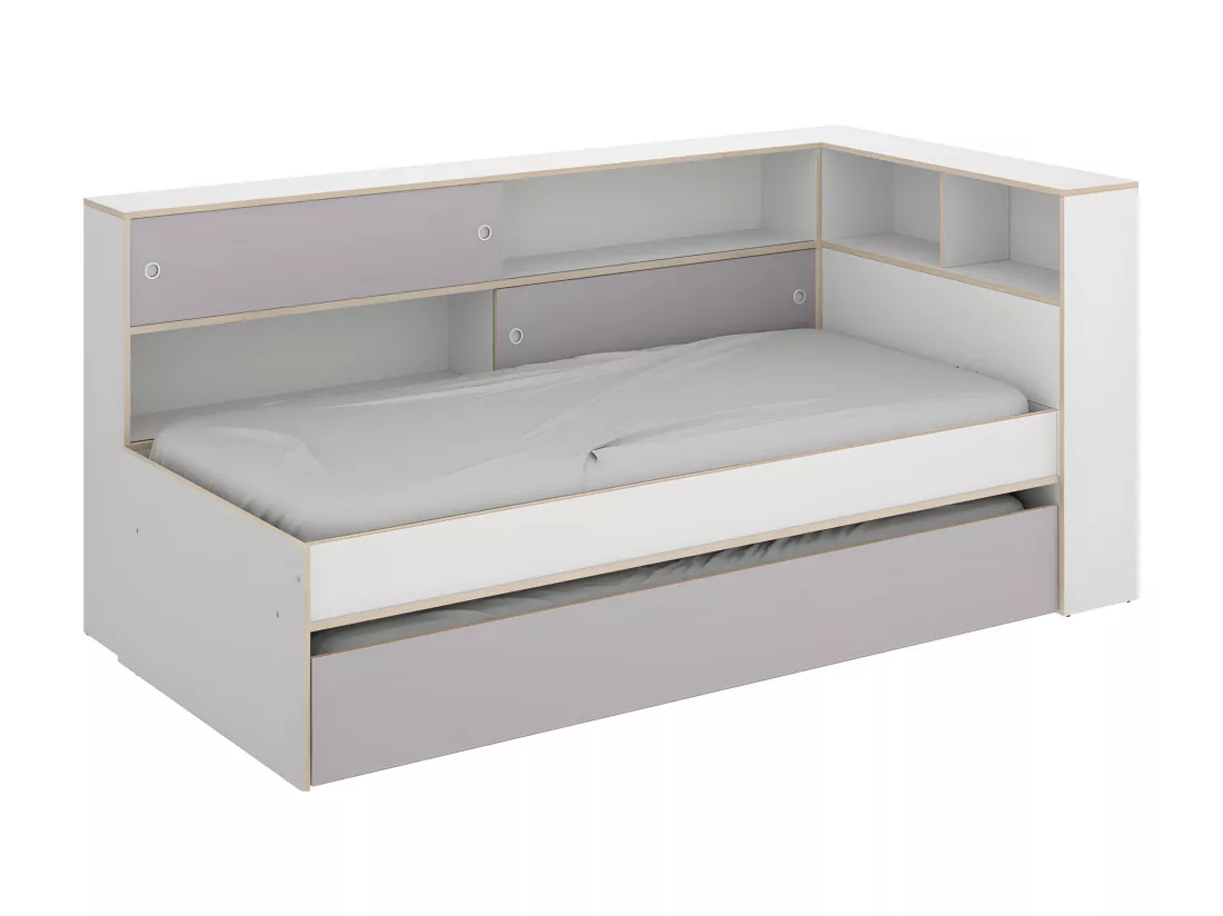 Lit gigogne avec rangements - 90 x 200 et 90 x 190 cm - Blanc et gris - LOSIANA