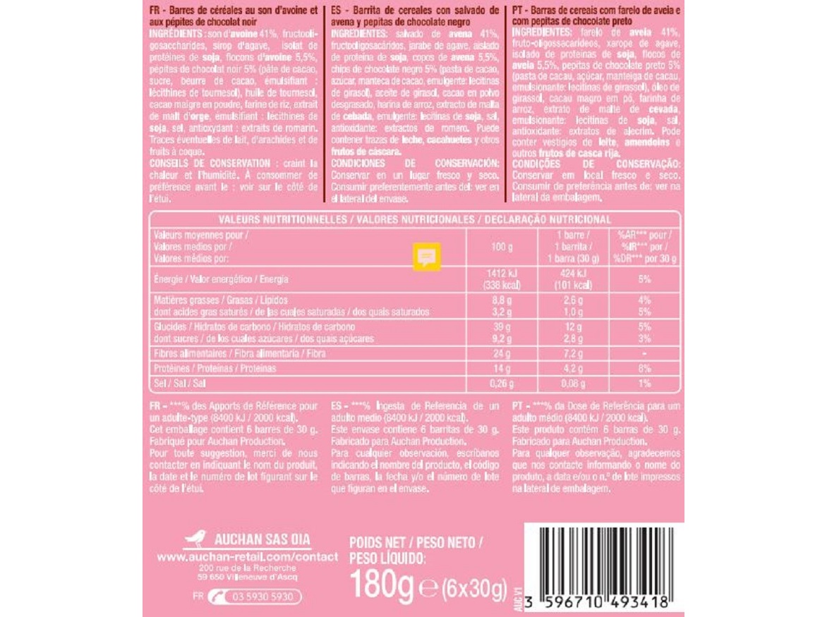 BARRA DE CEREAIS AUCHAN AVEIA E CHOCOLATE 6UN 180G
