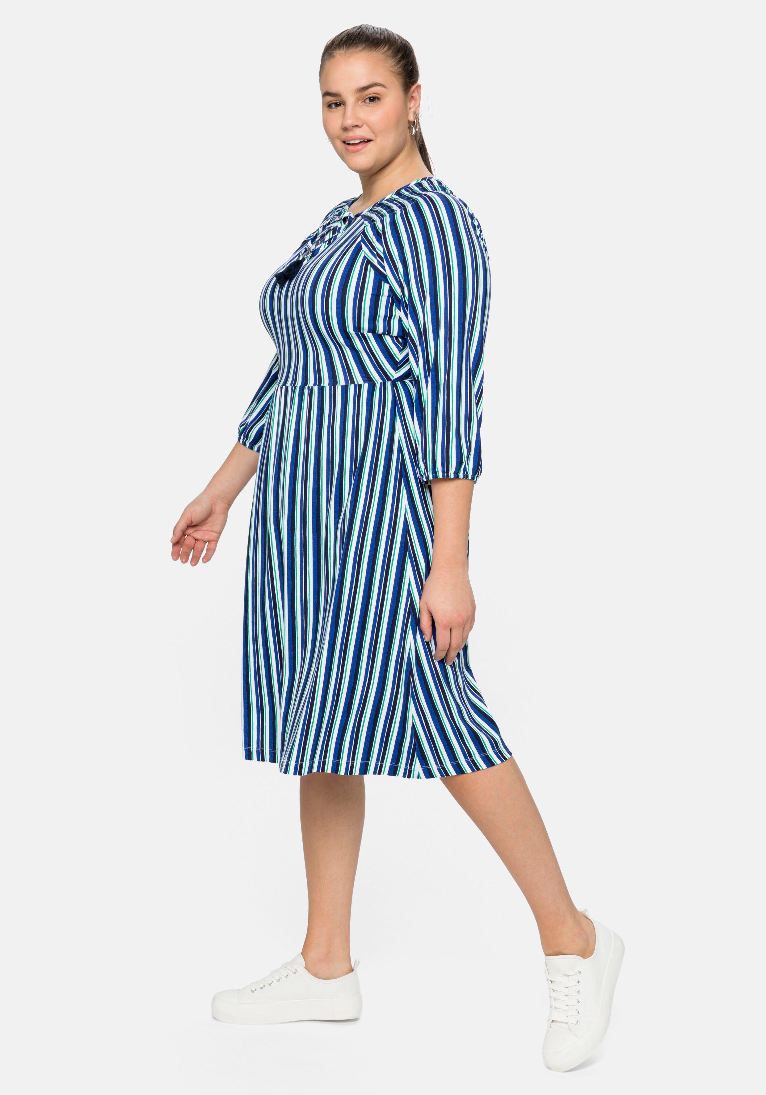 Jerseykleid mit Streifen, Bindeband am Ausschnitt