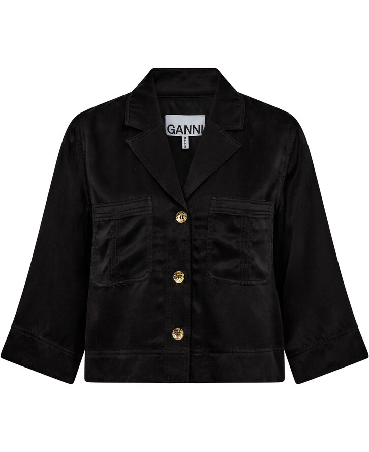 Ganni Washed Satin Crop Shirt Black