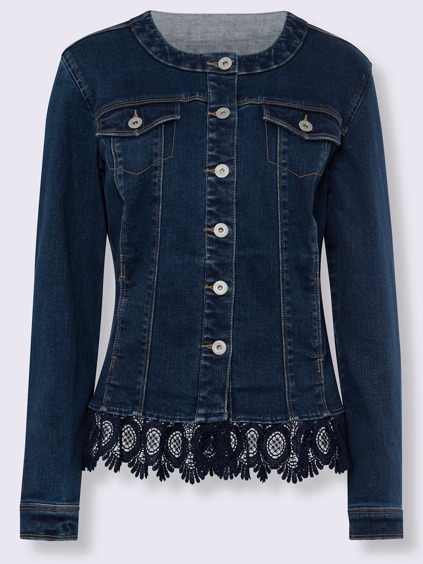 Blazer en jean bordure en dentelle à l’ourlet